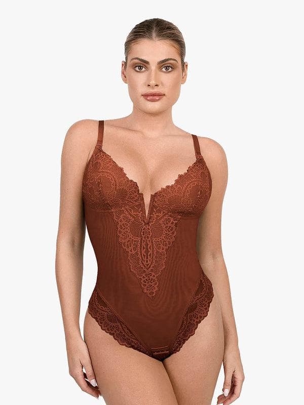 Popilush Shapewear Lace Deep V-Neck Sculpting Thong Bodysuit