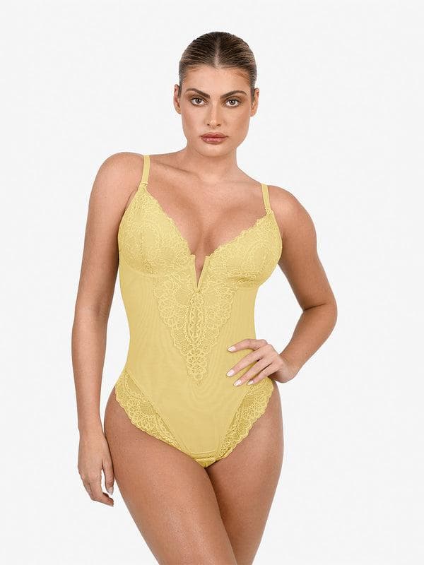 Popilush Shapewear Lace Deep V-Neck Sculpting Thong Bodysuit