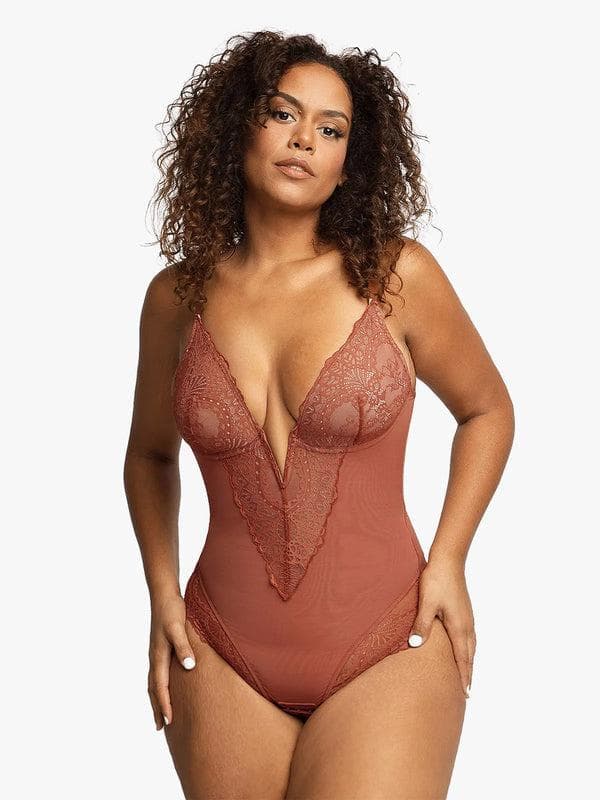 Popilush Shapewear Lace Deep V-Neck Sculpting Thong Bodysuit
