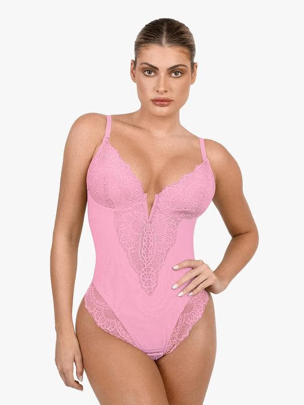 Popilush Shapewear Lace Deep V-Neck Sculpting Thong Bodysuit