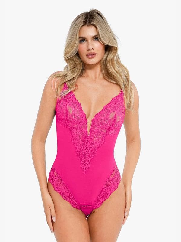 Popilush Shapewear Lace Deep V-Neck Sculpting Thong Bodysuit