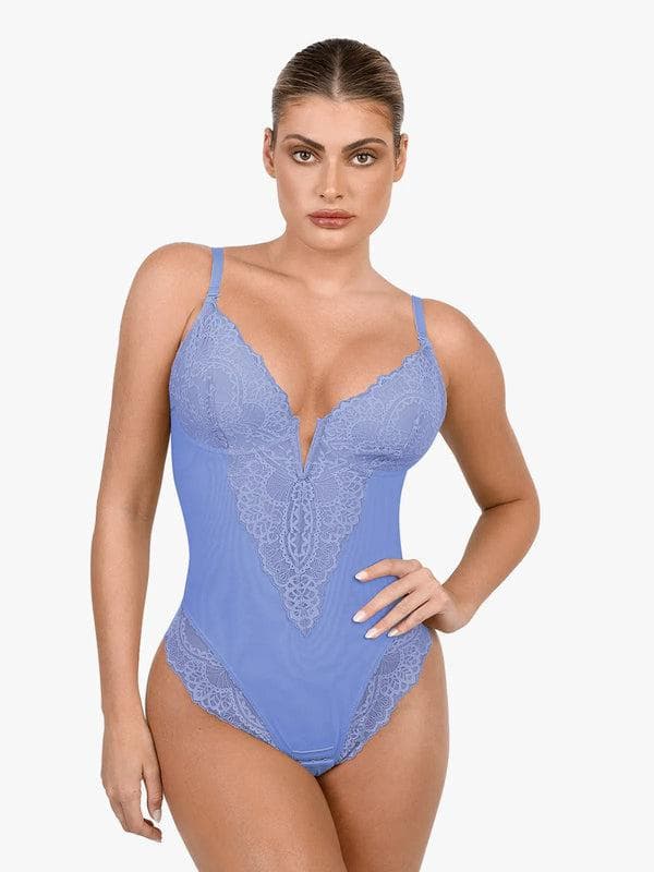 Popilush Shapewear Lace Deep V-Neck Sculpting Thong Bodysuit