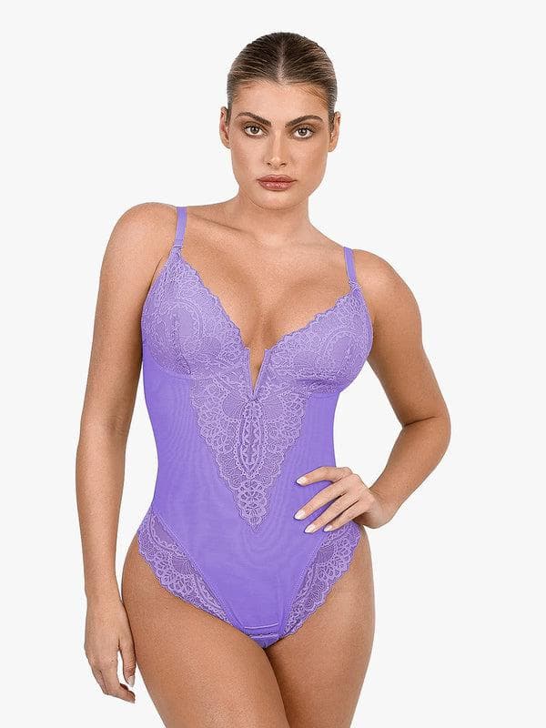 Popilush Shapewear Lace Deep V-Neck Sculpting Thong Bodysuit