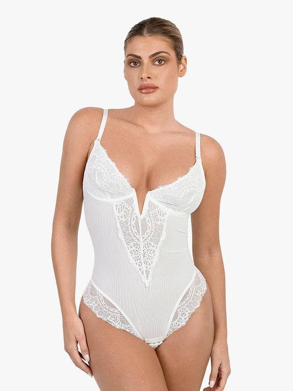 Popilush Shapewear Lace Deep V-Neck Sculpting Thong Bodysuit