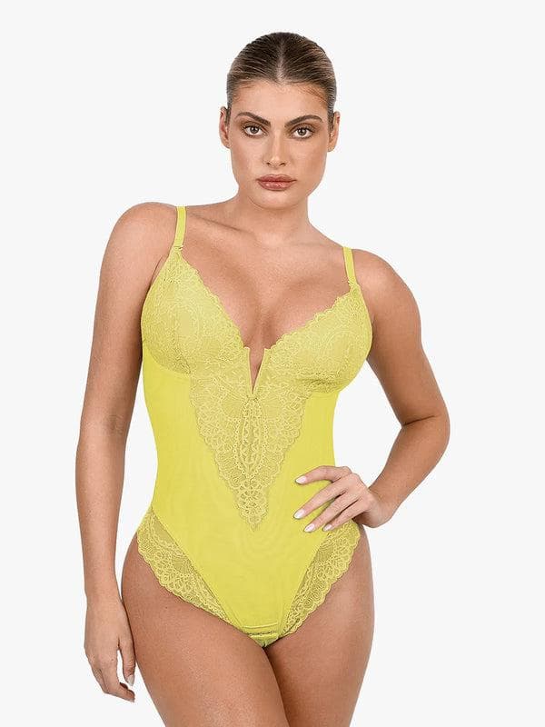Popilush Shapewear Lace Deep V-Neck Sculpting Thong Bodysuit