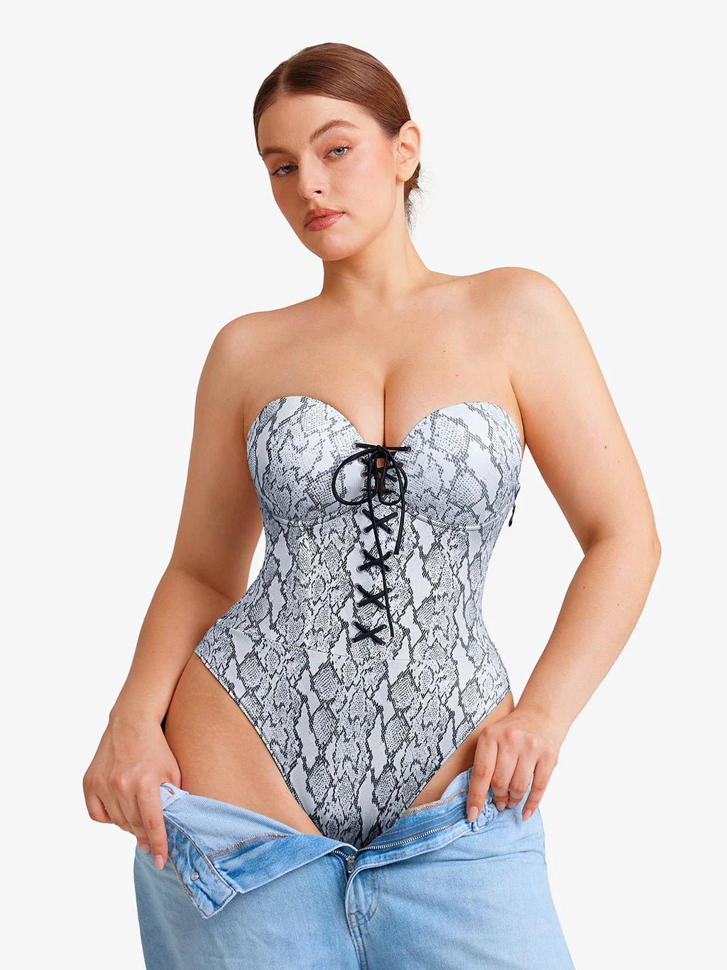 Popilush Shapewear Lace-Up Corset Bodysuit with Removable Straps