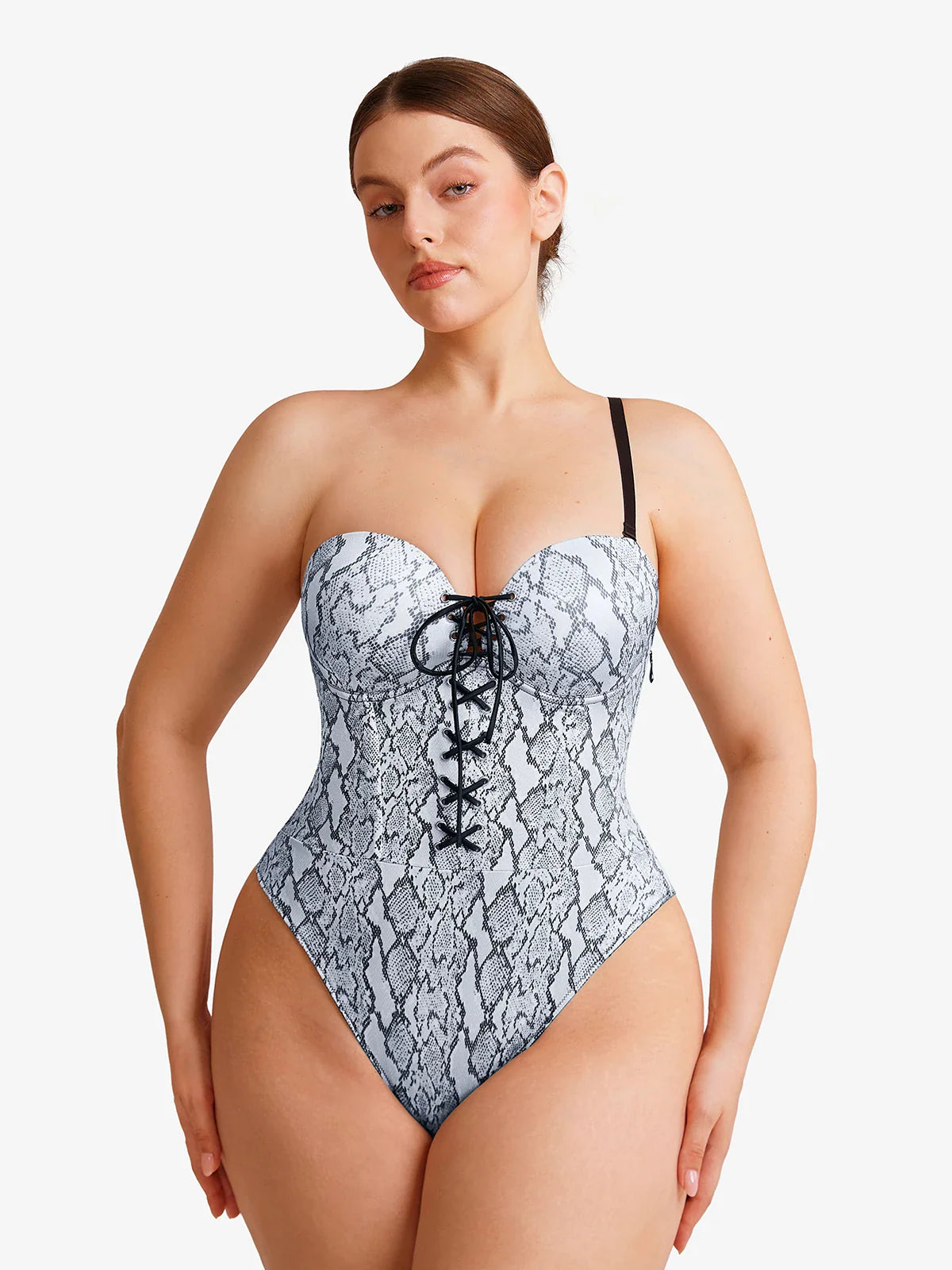 Popilush Shapewear Lace-Up Corset Bodysuit with Removable Straps