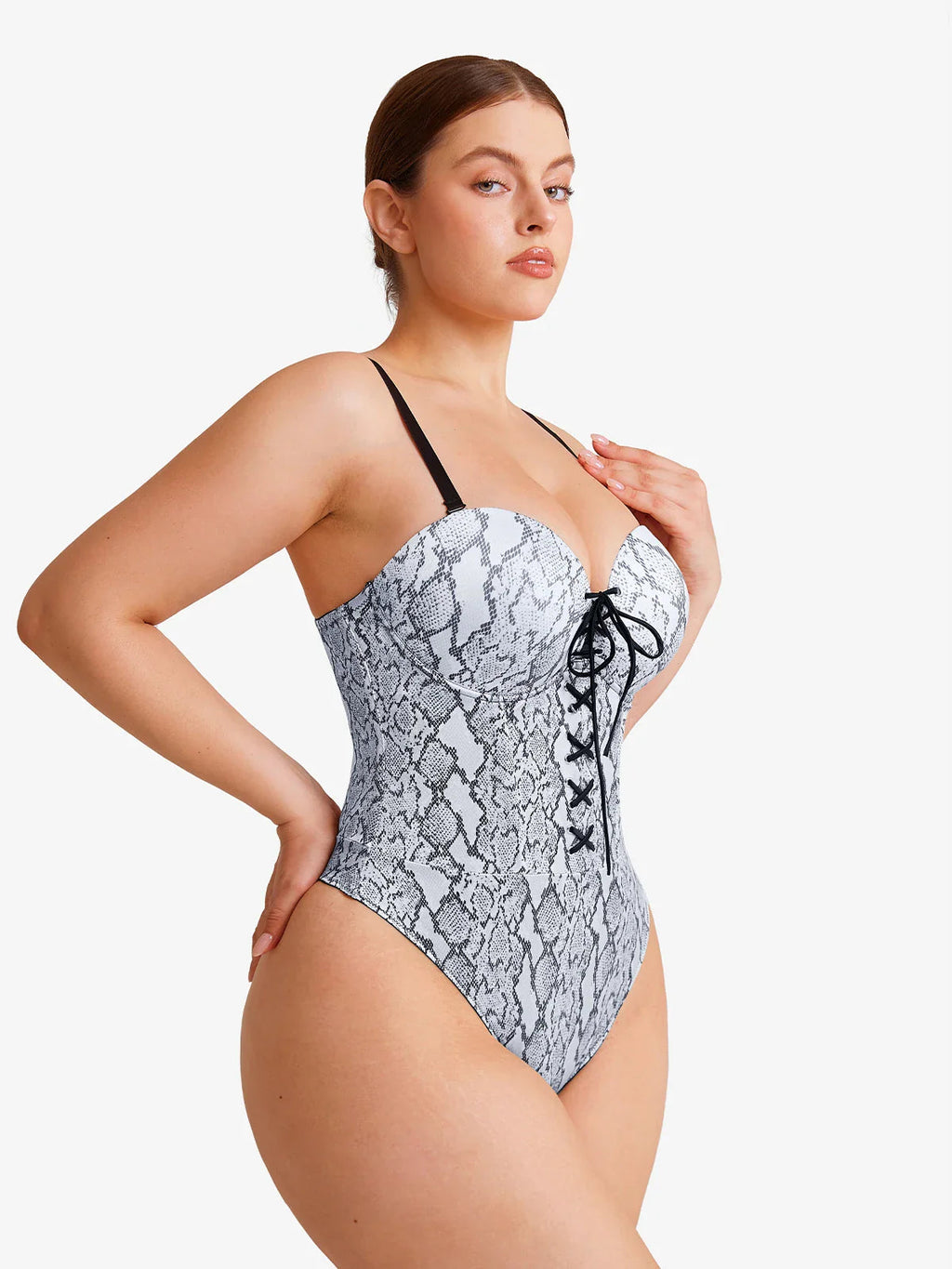 Popilush Shapewear Lace-Up Corset Bodysuit with Removable Straps