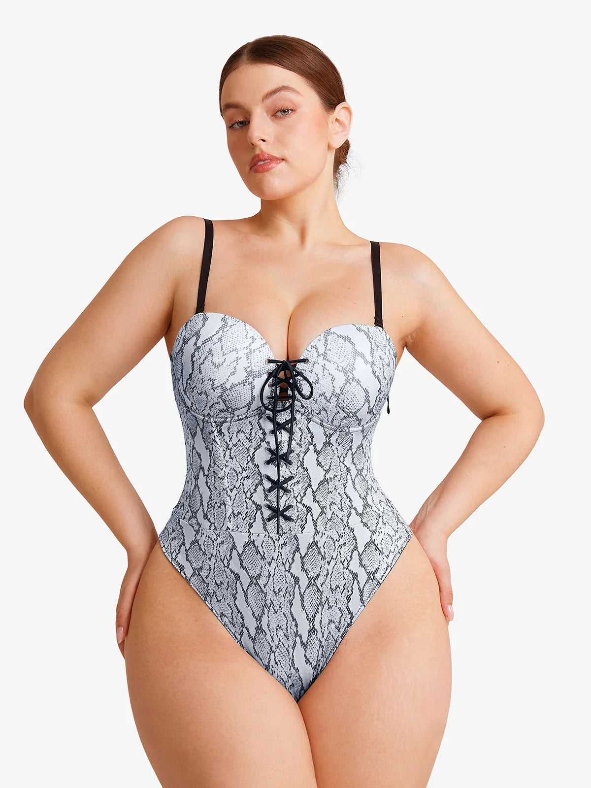 Popilush Shapewear Lace-Up Corset Bodysuit with Removable Straps