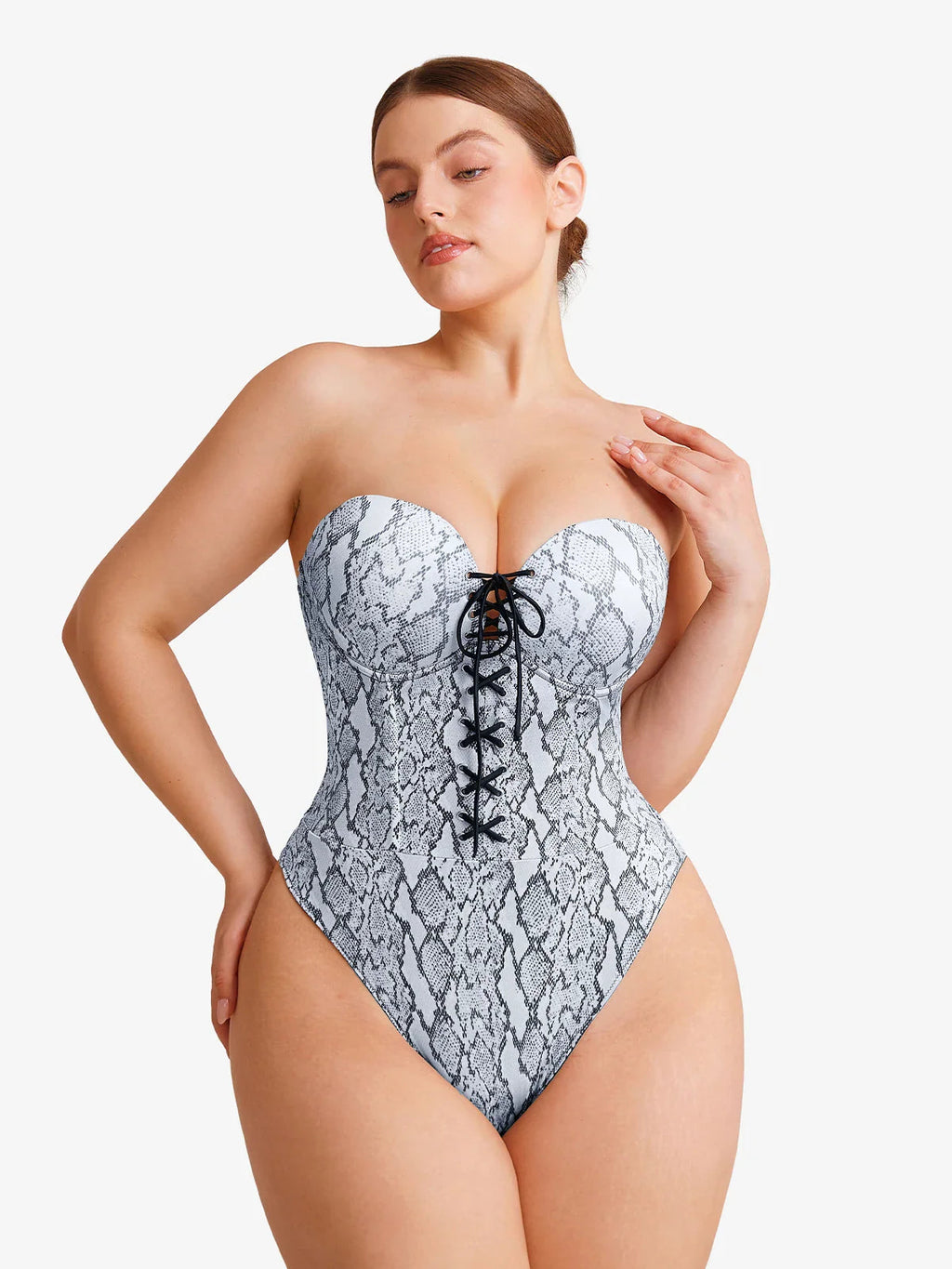 Popilush Shapewear Lace-Up Corset Bodysuit with Removable Straps