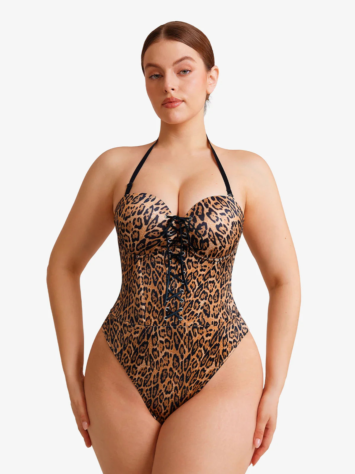 Popilush Shapewear Lace-Up Corset Bodysuit with Removable Straps