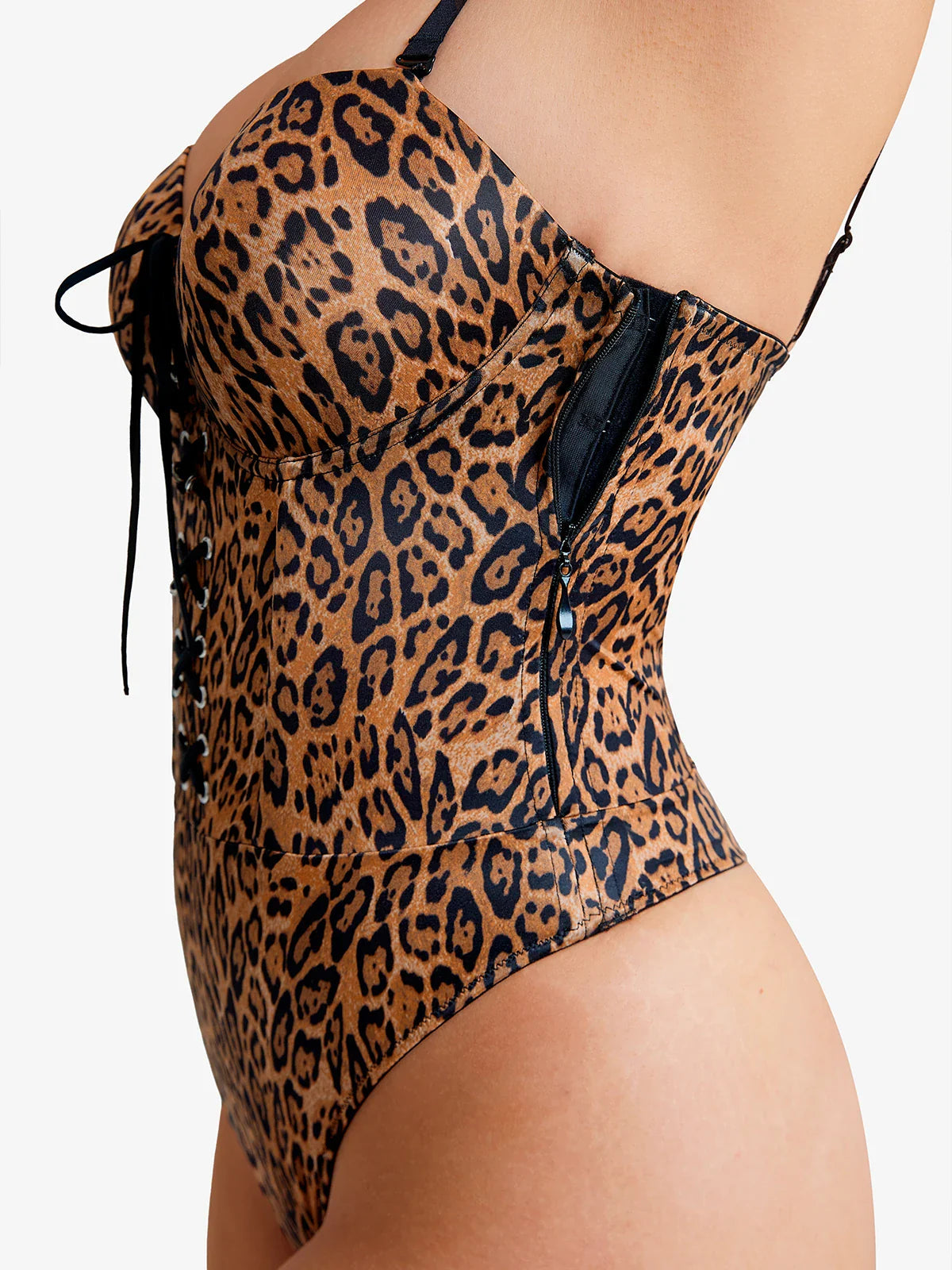 Popilush Shapewear Lace-Up Corset Bodysuit with Removable Straps