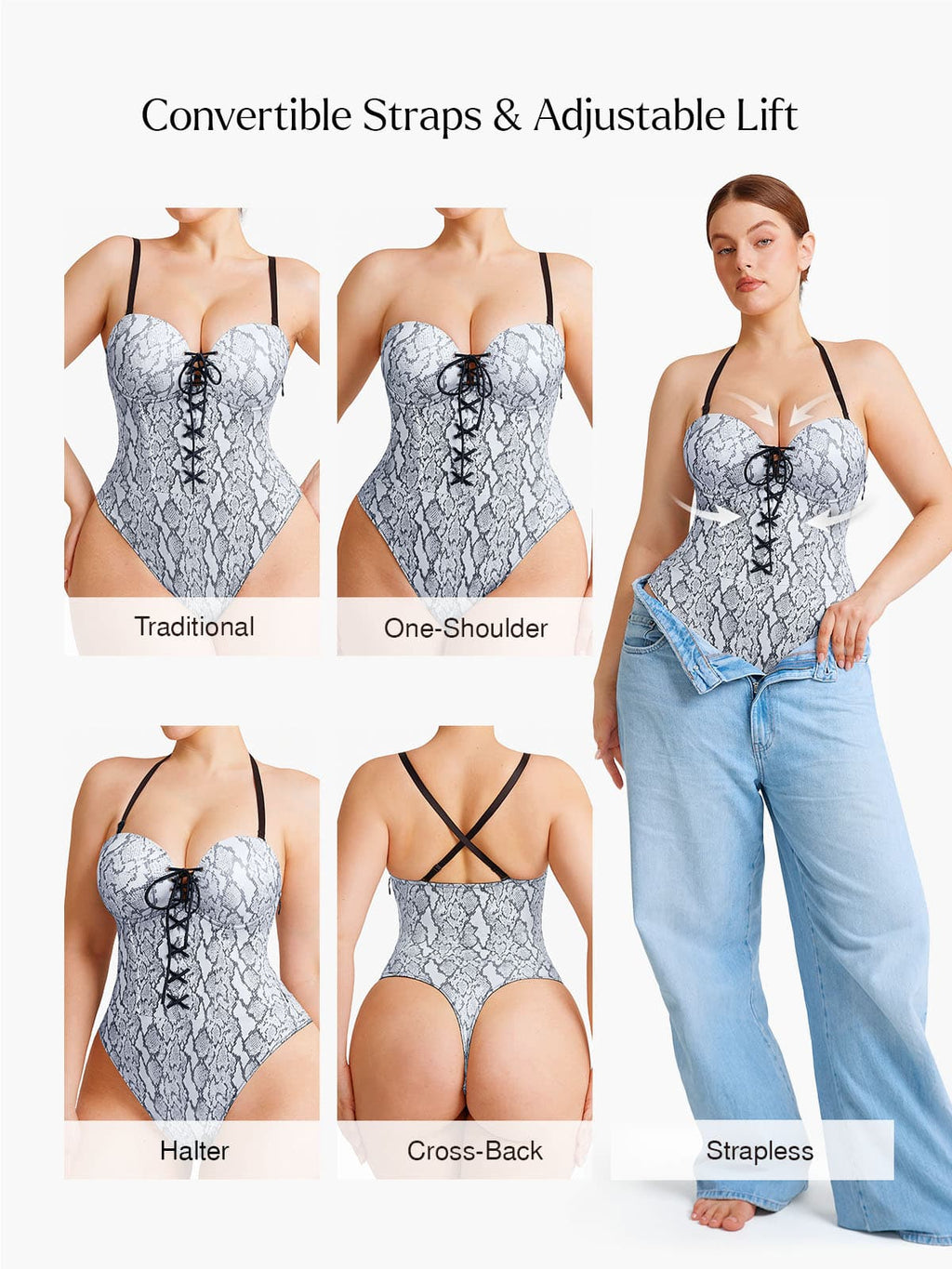 Popilush Shapewear Lace-Up Corset Bodysuit with Removable Straps