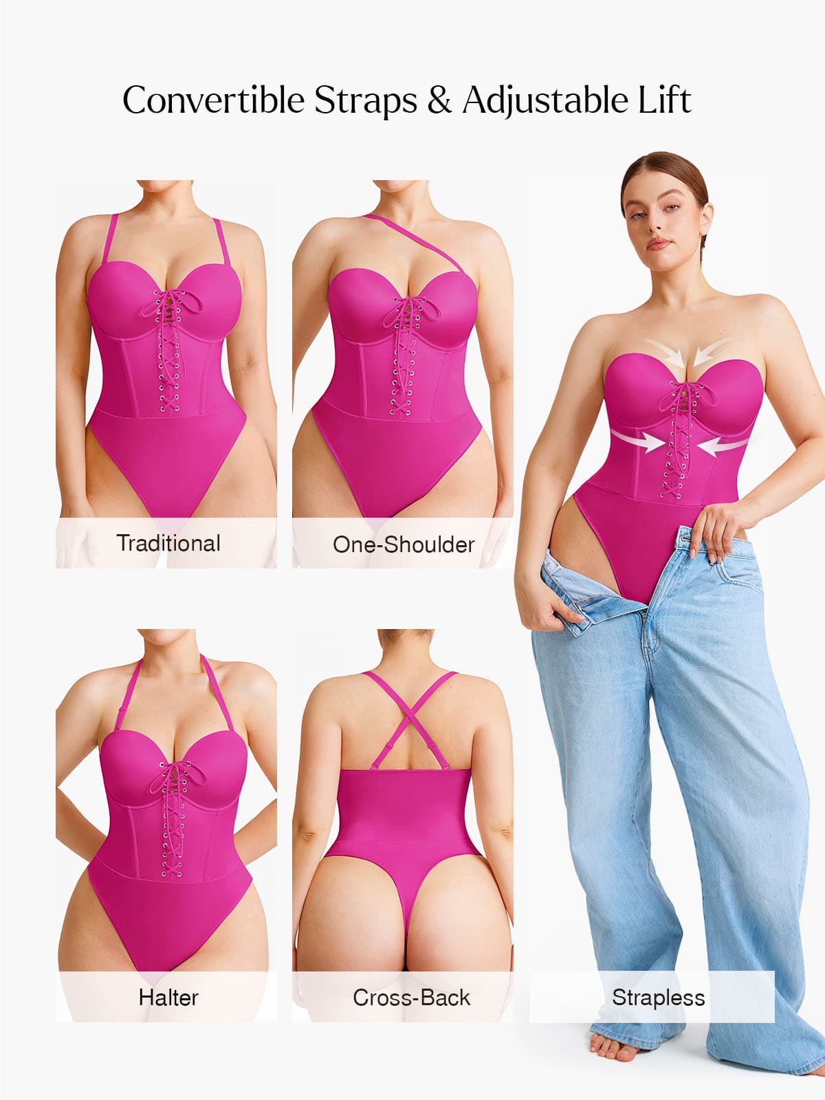 Popilush Shapewear Lace-Up Corset Bodysuit with Removable Straps