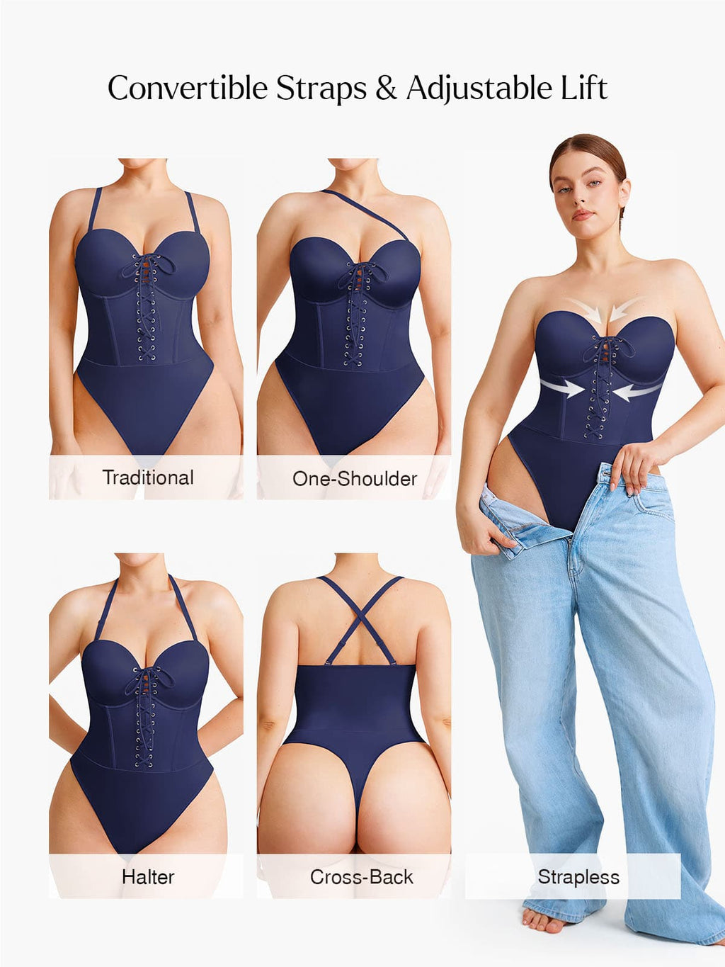 Popilush Shapewear Lace-Up Corset Bodysuit with Removable Straps