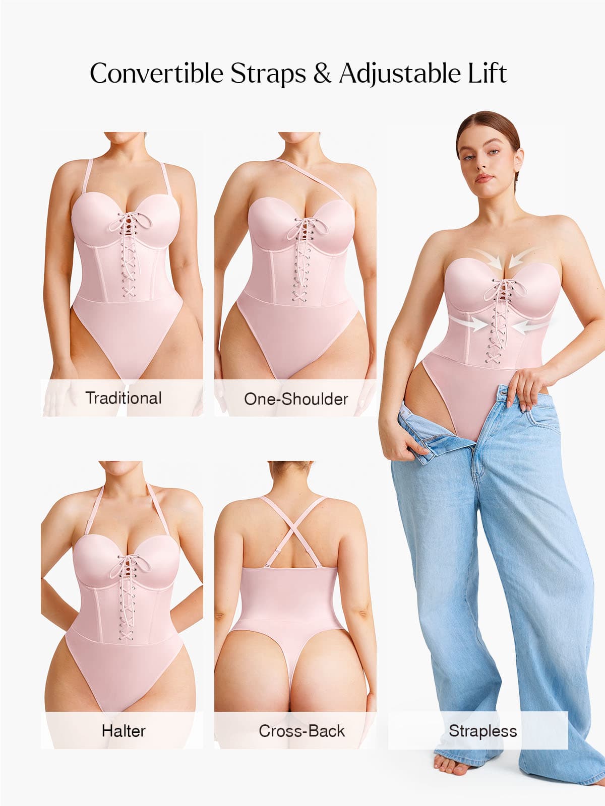 Popilush Shapewear Lace-Up Corset Bodysuit with Removable Straps