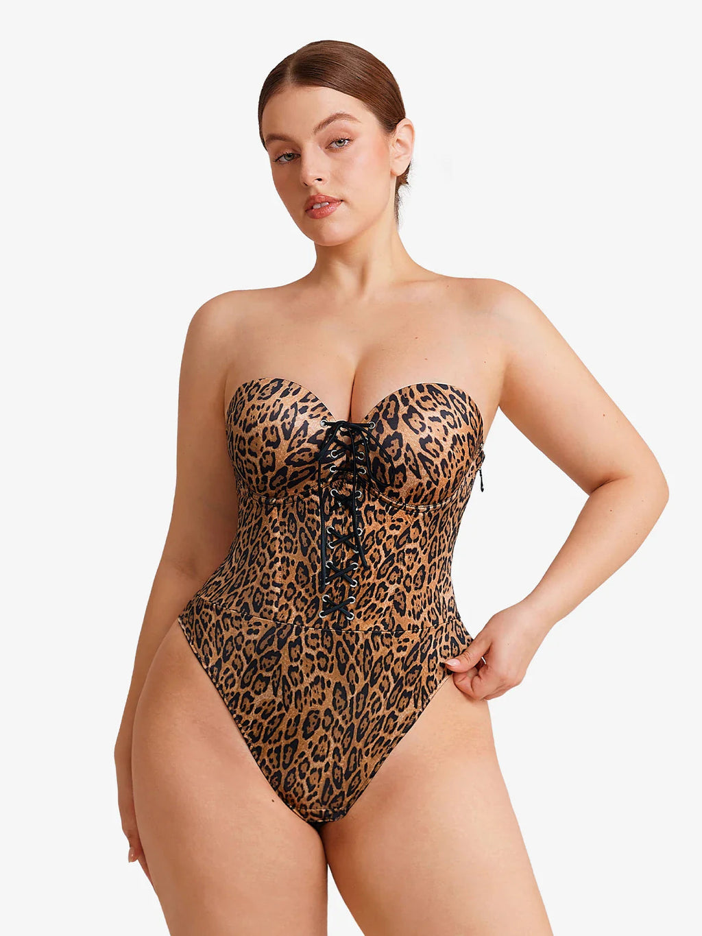 Popilush Shapewear Lace-Up Corset Bodysuit with Removable Straps