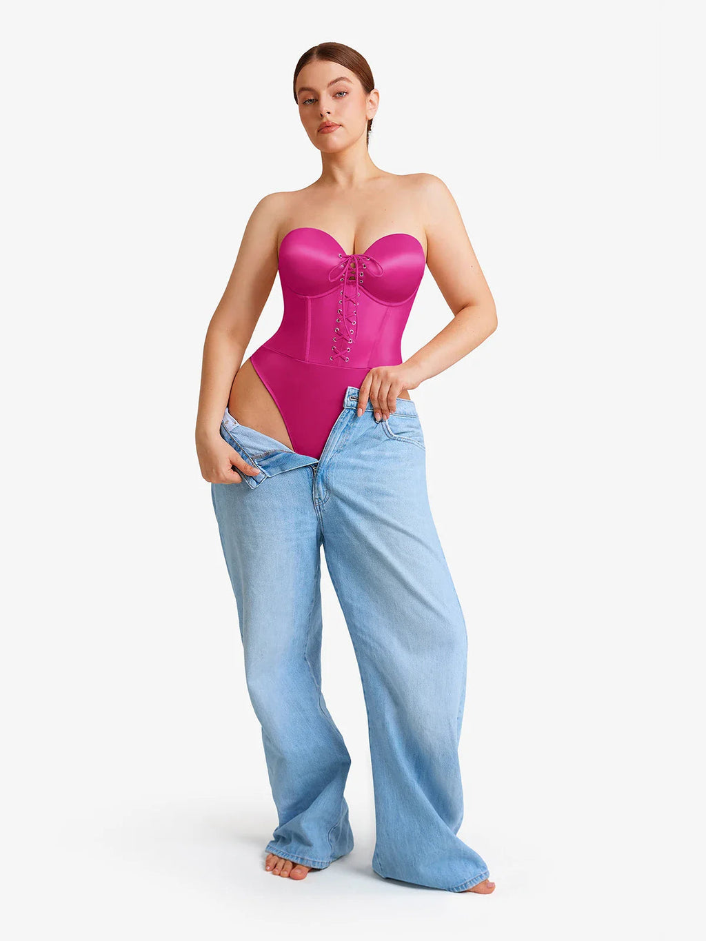 Popilush Shapewear Lace-Up Corset Bodysuit with Removable Straps