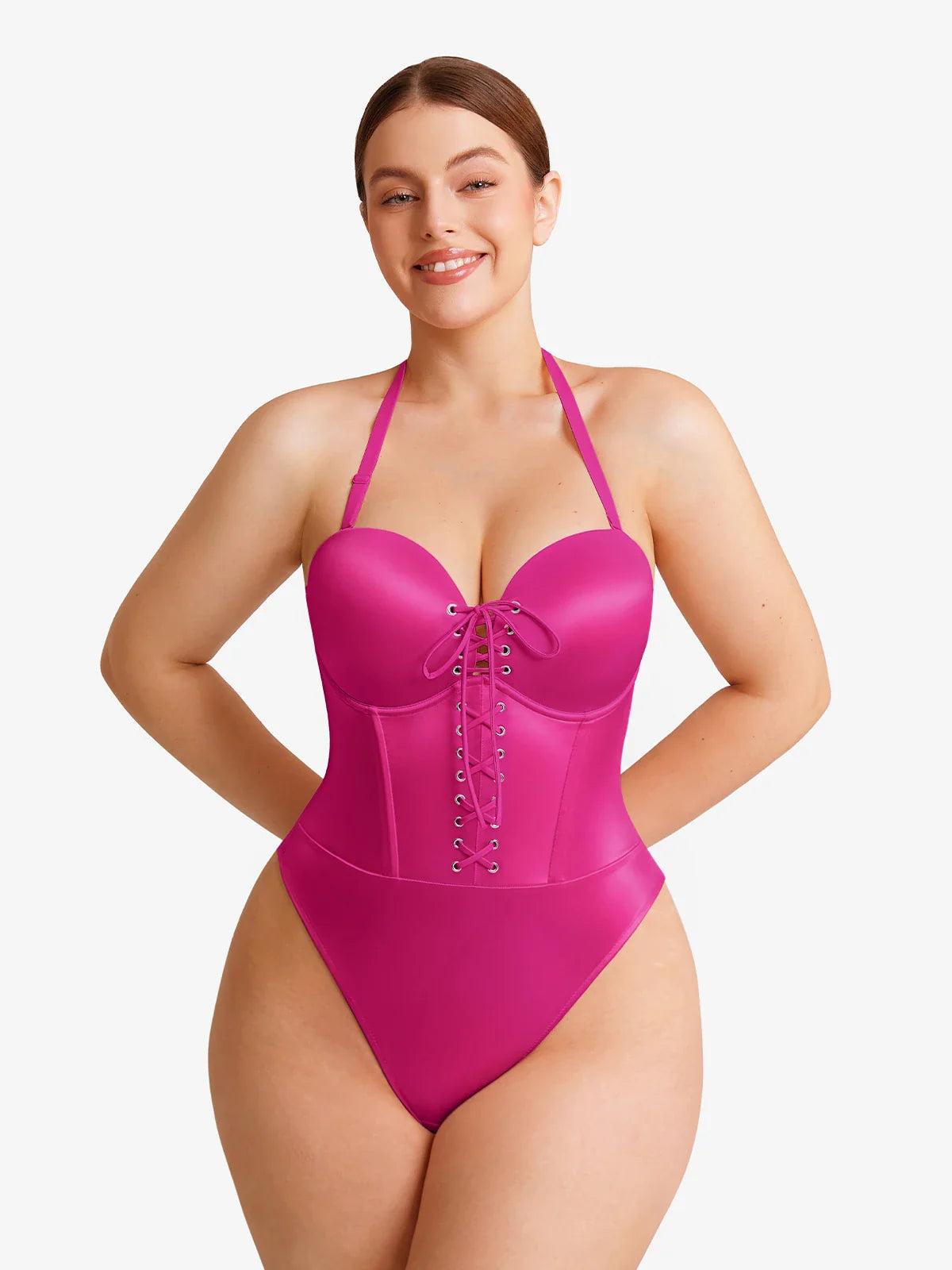 Popilush Shapewear Lace-Up Corset Bodysuit with Removable Straps