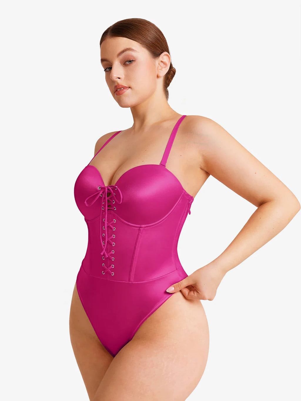 Popilush Shapewear Lace-Up Corset Bodysuit with Removable Straps