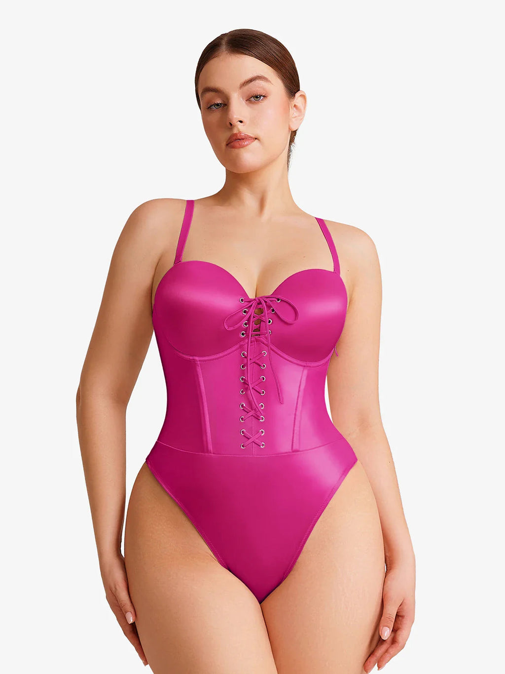 Popilush Shapewear Lace-Up Corset Bodysuit with Removable Straps
