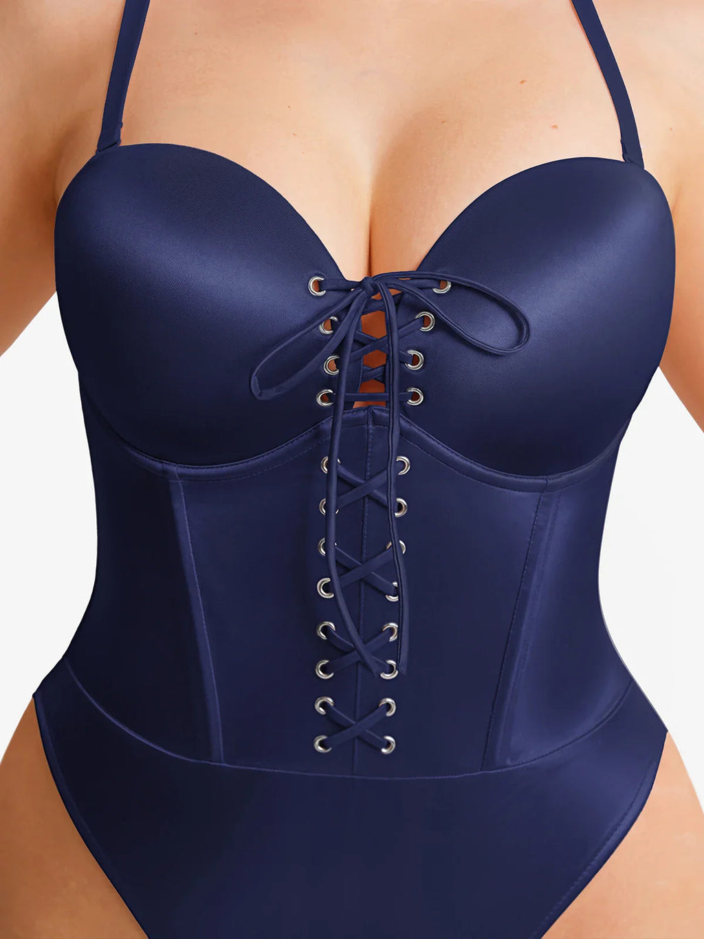 Popilush Shapewear Lace-Up Corset Bodysuit with Removable Straps