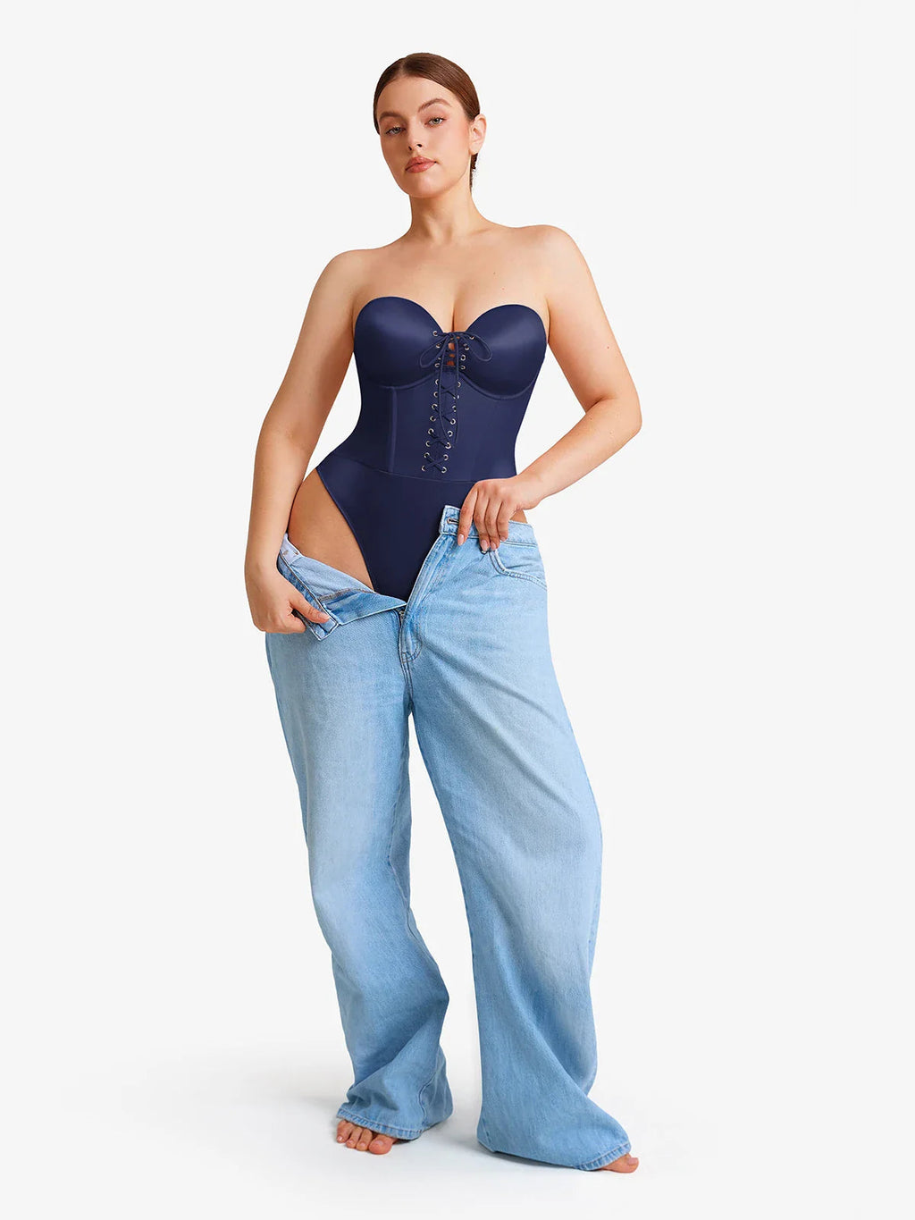 Popilush Shapewear Lace-Up Corset Bodysuit with Removable Straps