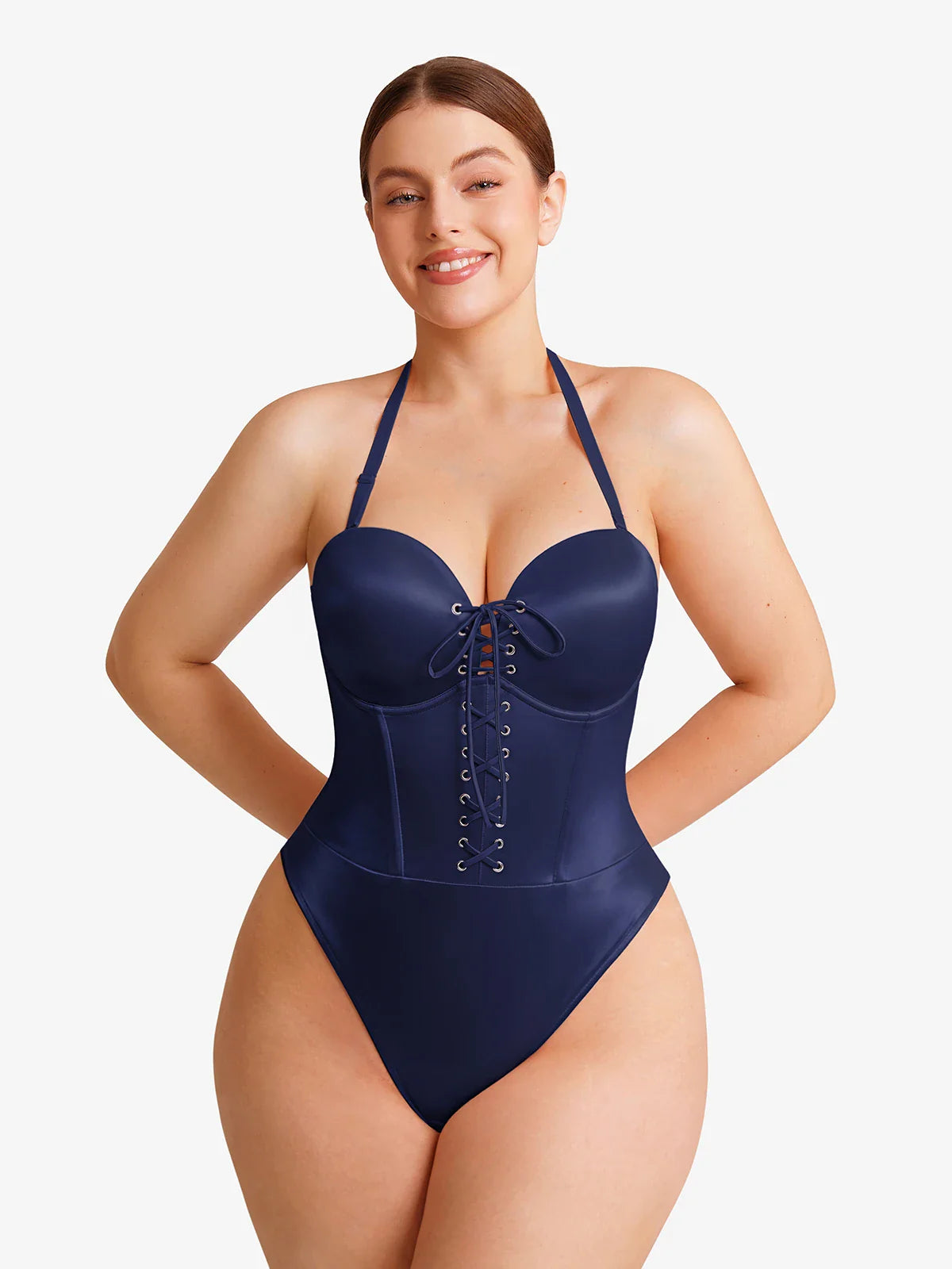 Popilush Shapewear Lace-Up Corset Bodysuit with Removable Straps