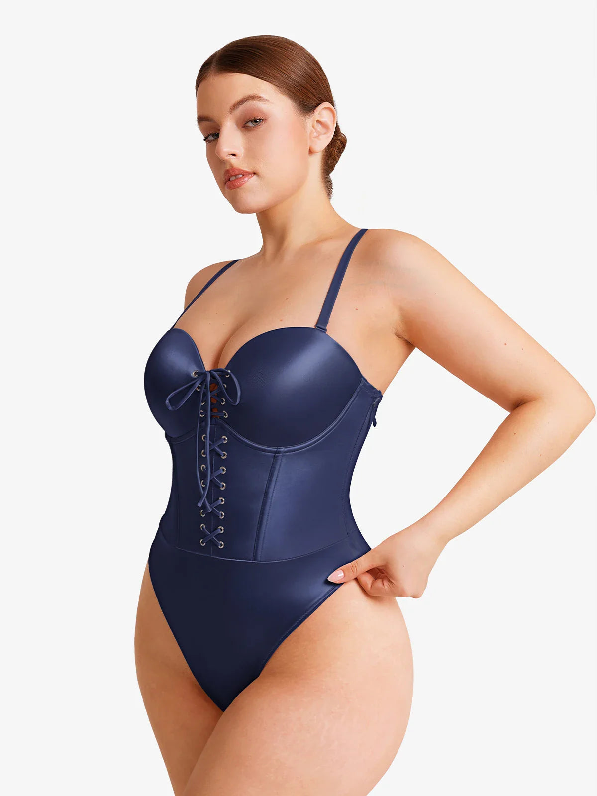 Popilush Shapewear Lace-Up Corset Bodysuit with Removable Straps