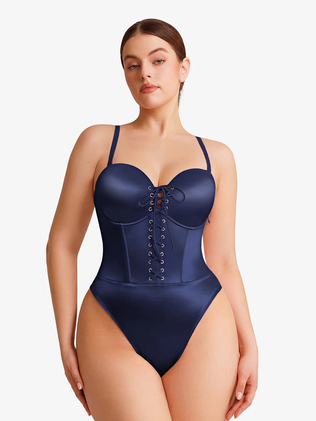 Popilush Shapewear Lace-Up Corset Bodysuit with Removable Straps