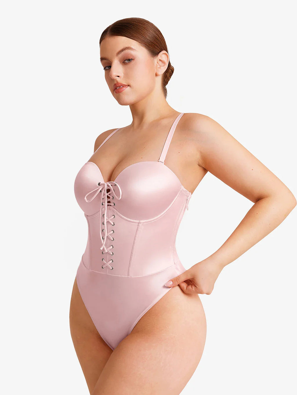 Popilush Shapewear Lace-Up Corset Bodysuit with Removable Straps