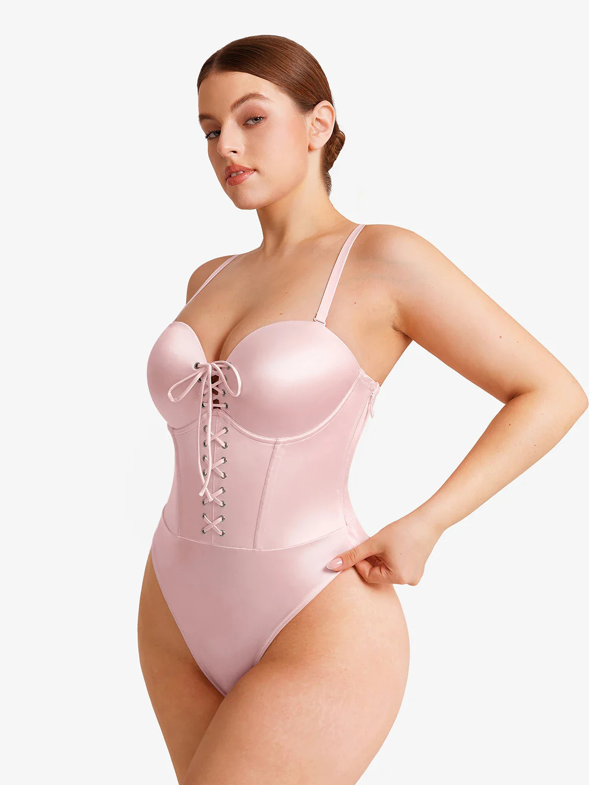 Popilush Shapewear Lace-Up Corset Bodysuit with Removable Straps