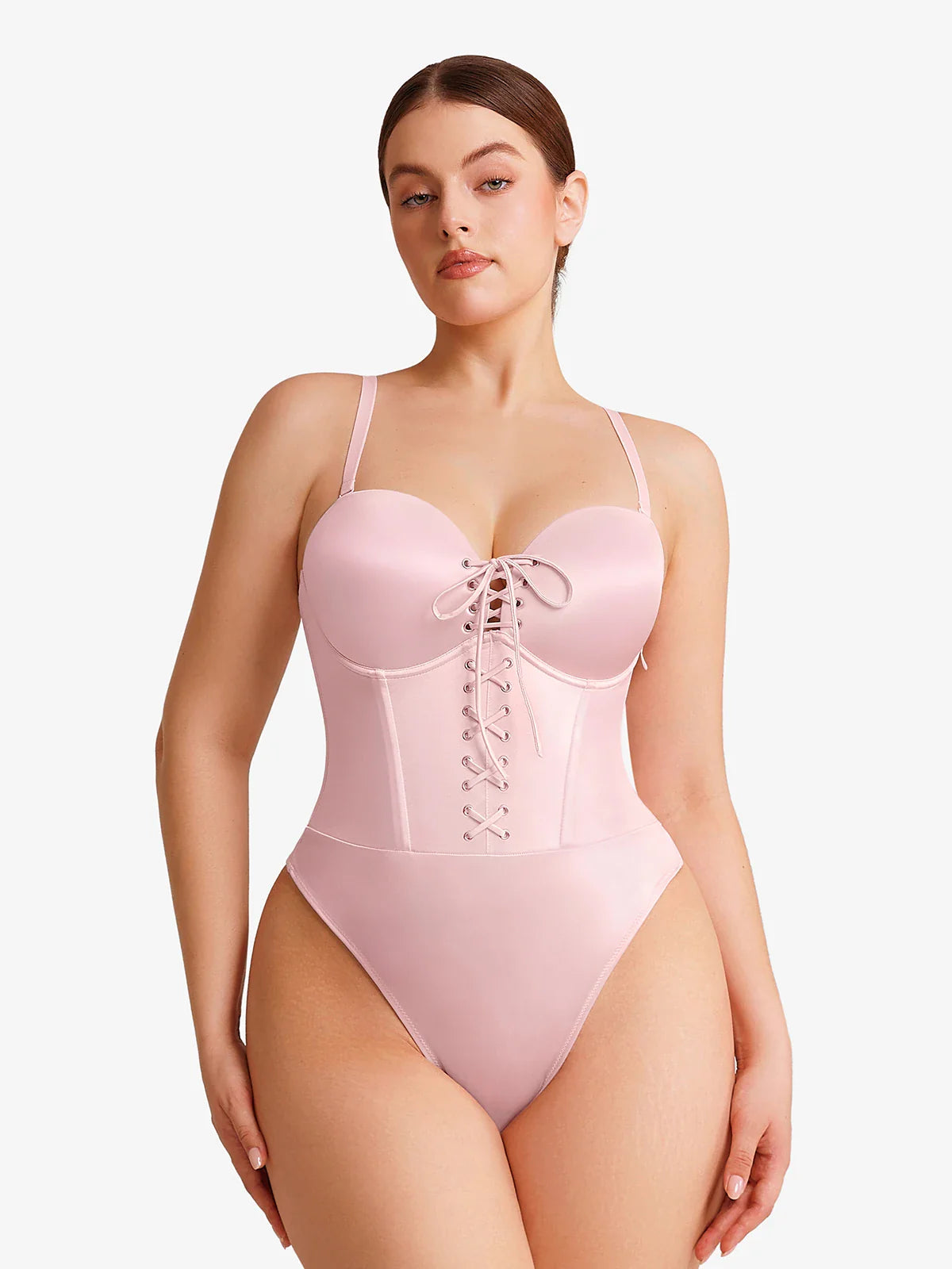 Popilush Shapewear Lace-Up Corset Bodysuit with Removable Straps