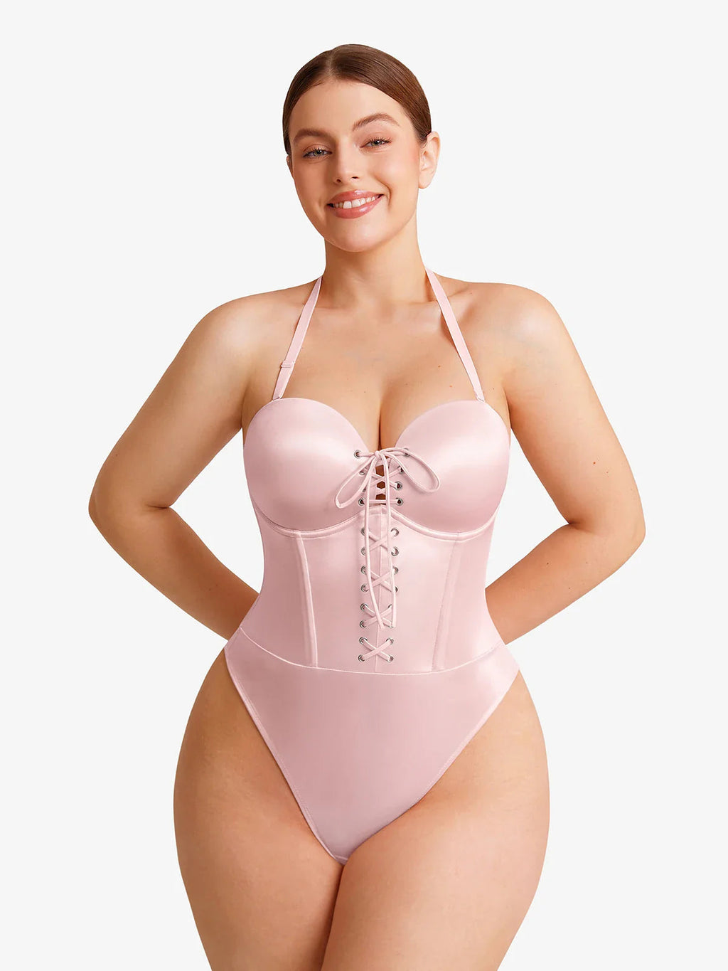 Popilush Shapewear Lace-Up Corset Bodysuit with Removable Straps
