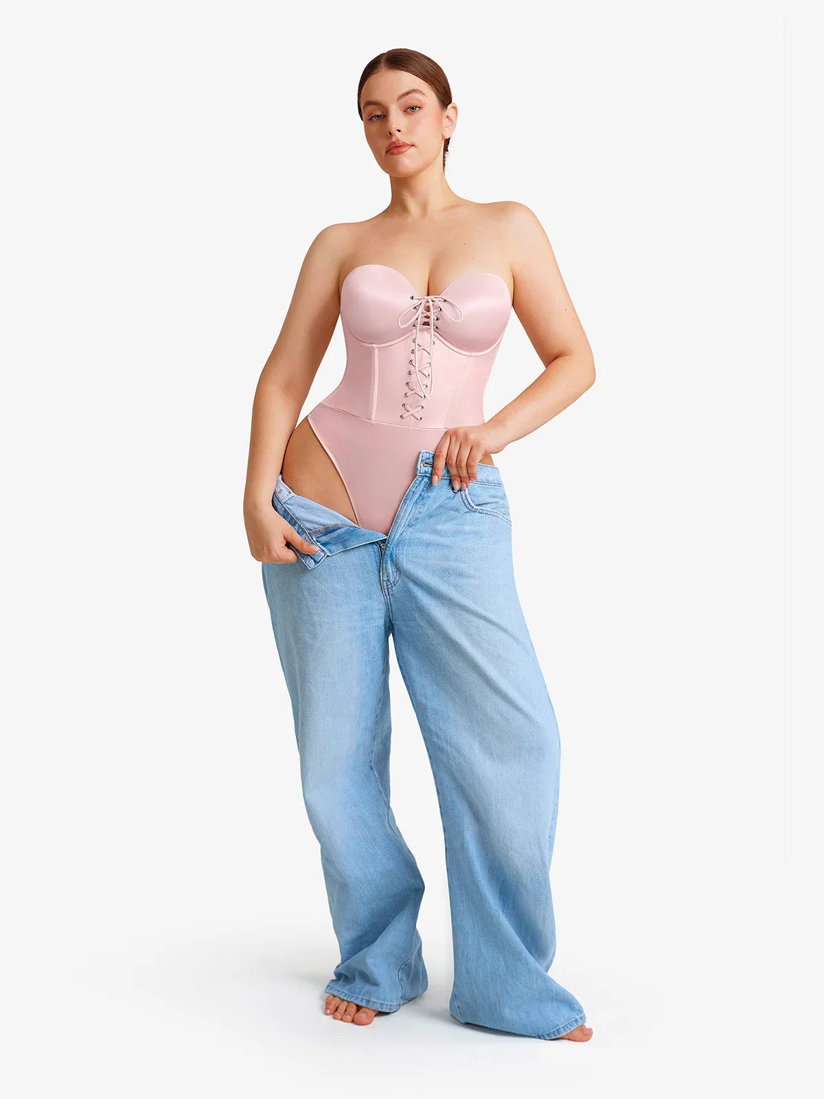 Popilush Shapewear Lace-Up Corset Bodysuit with Removable Straps