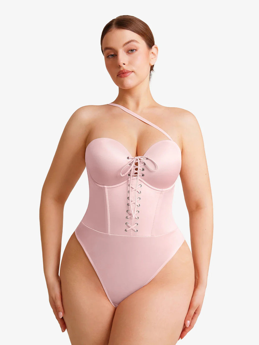 Popilush Shapewear Lace-Up Corset Bodysuit with Removable Straps