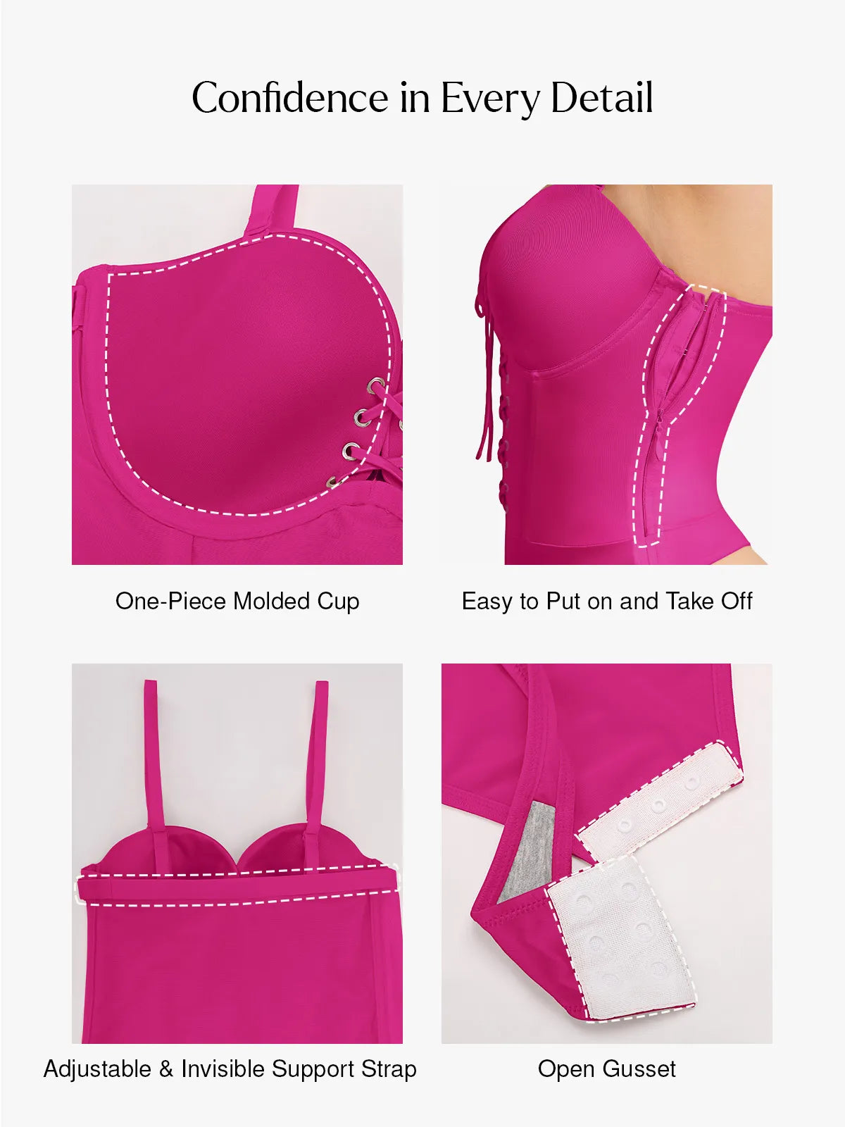 Popilush Shapewear Lace-Up Corset Bodysuit with Removable Straps