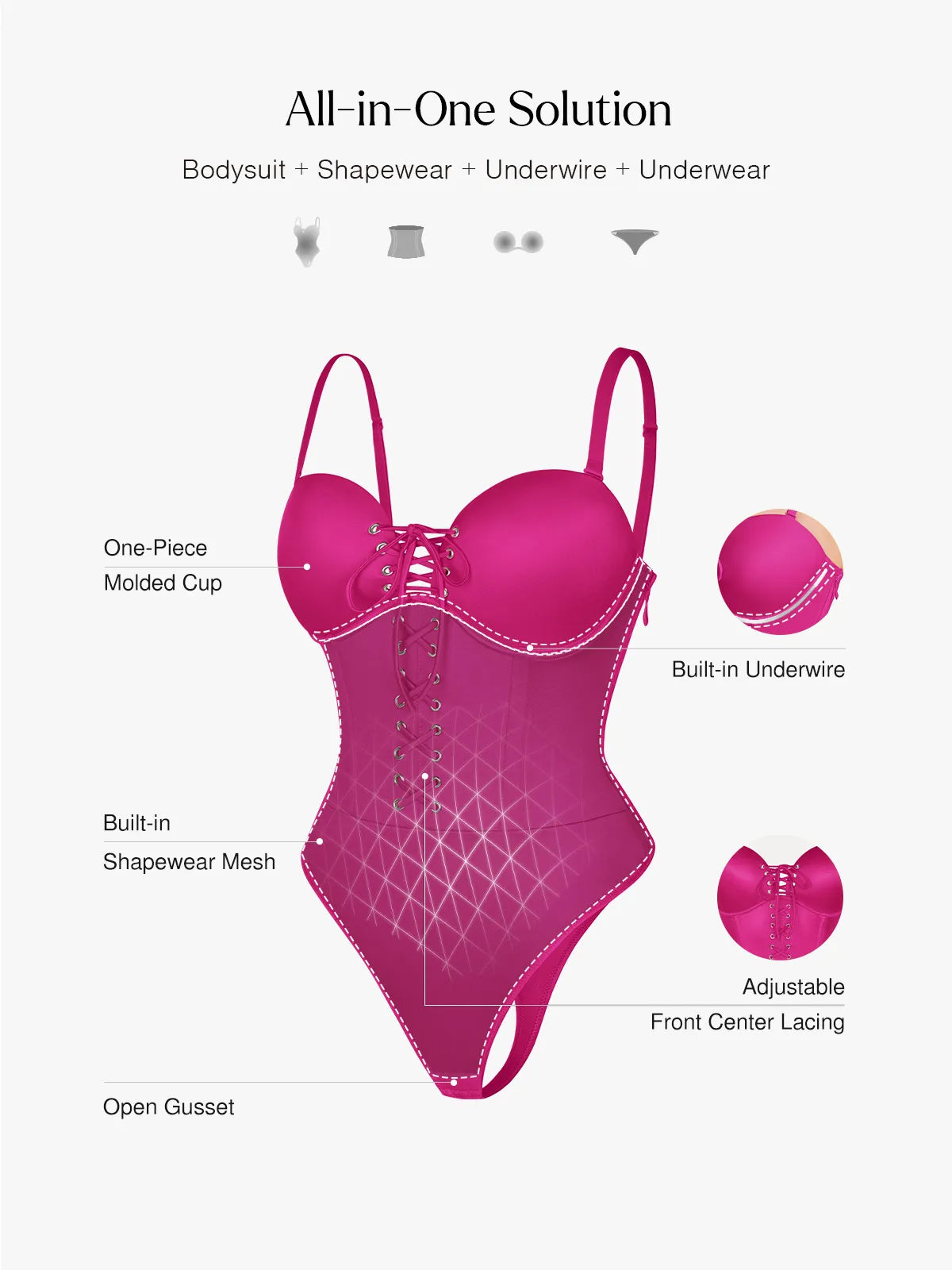 Popilush Shapewear Lace-Up Corset Bodysuit with Removable Straps