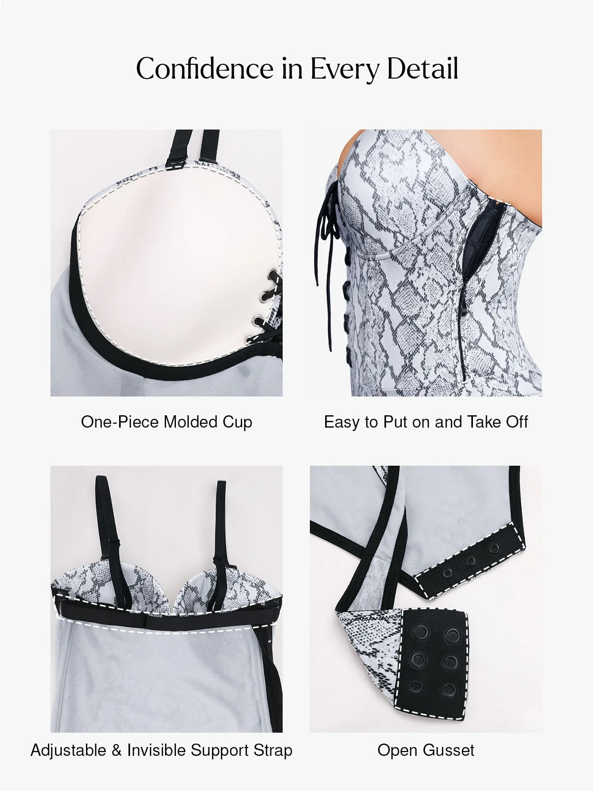 Popilush Shapewear Lace-Up Corset Bodysuit with Removable Straps