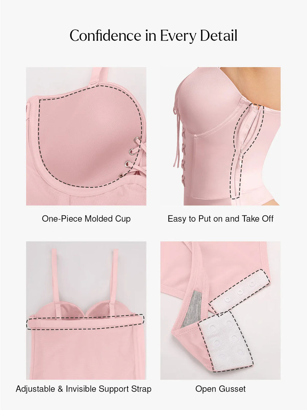 Popilush Shapewear Lace-Up Corset Bodysuit with Removable Straps