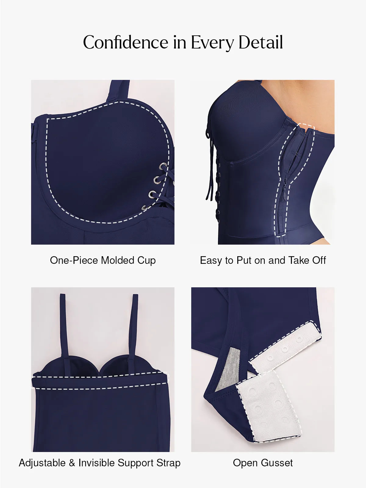 Popilush Shapewear Lace-Up Corset Bodysuit with Removable Straps