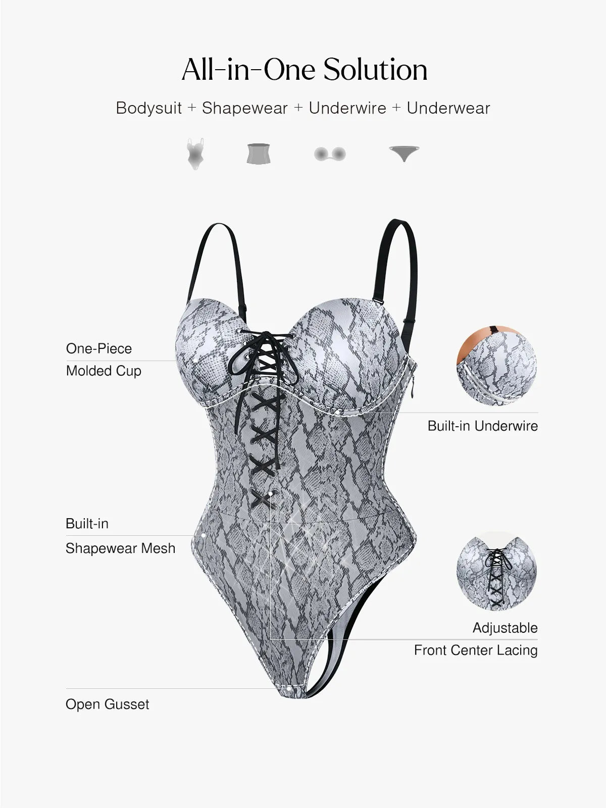 Popilush Shapewear Lace-Up Corset Bodysuit with Removable Straps