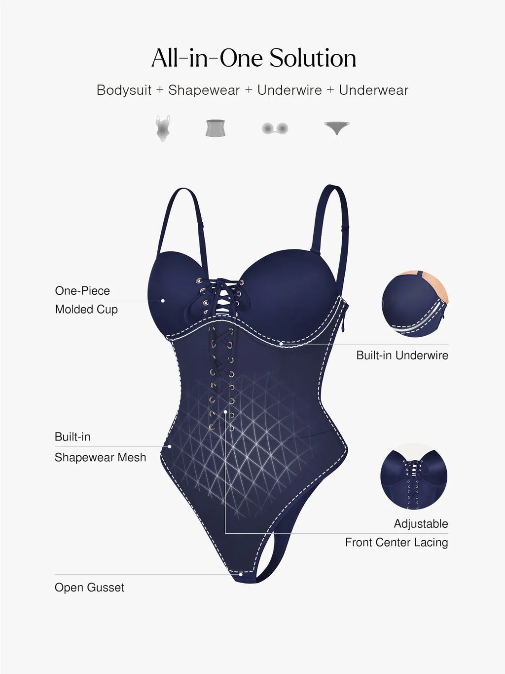 Popilush Shapewear Lace-Up Corset Bodysuit with Removable Straps