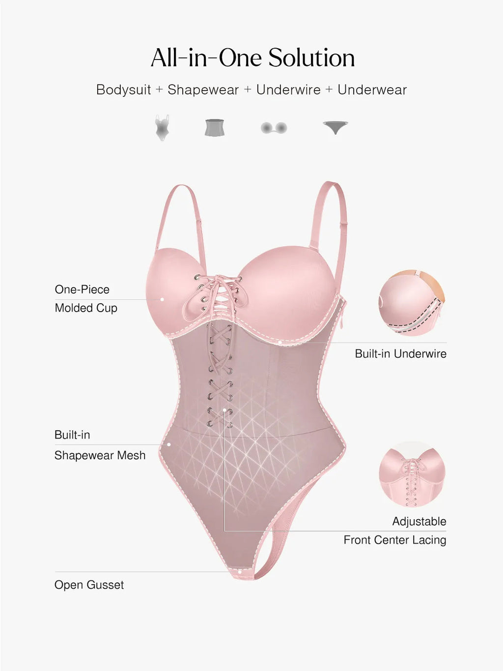 Popilush Shapewear Lace-Up Corset Bodysuit with Removable Straps