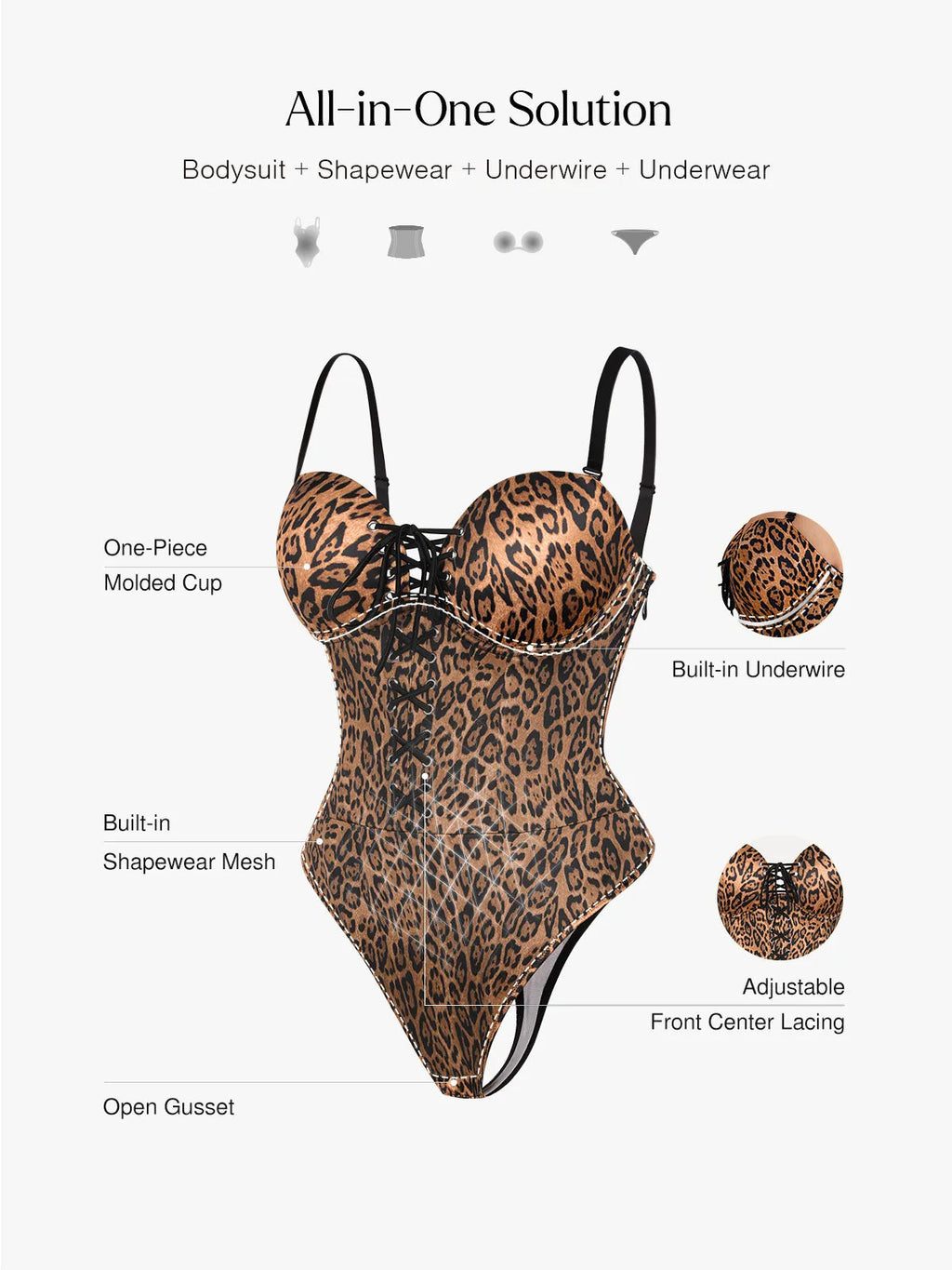 Popilush Shapewear Lace-Up Corset Bodysuit with Removable Straps