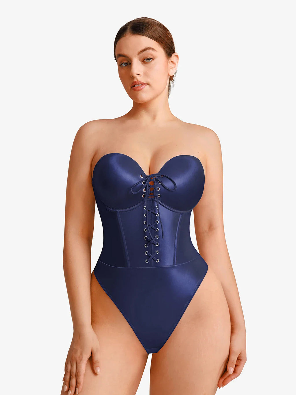 Popilush Shapewear Lace-Up Corset Bodysuit with Removable Straps