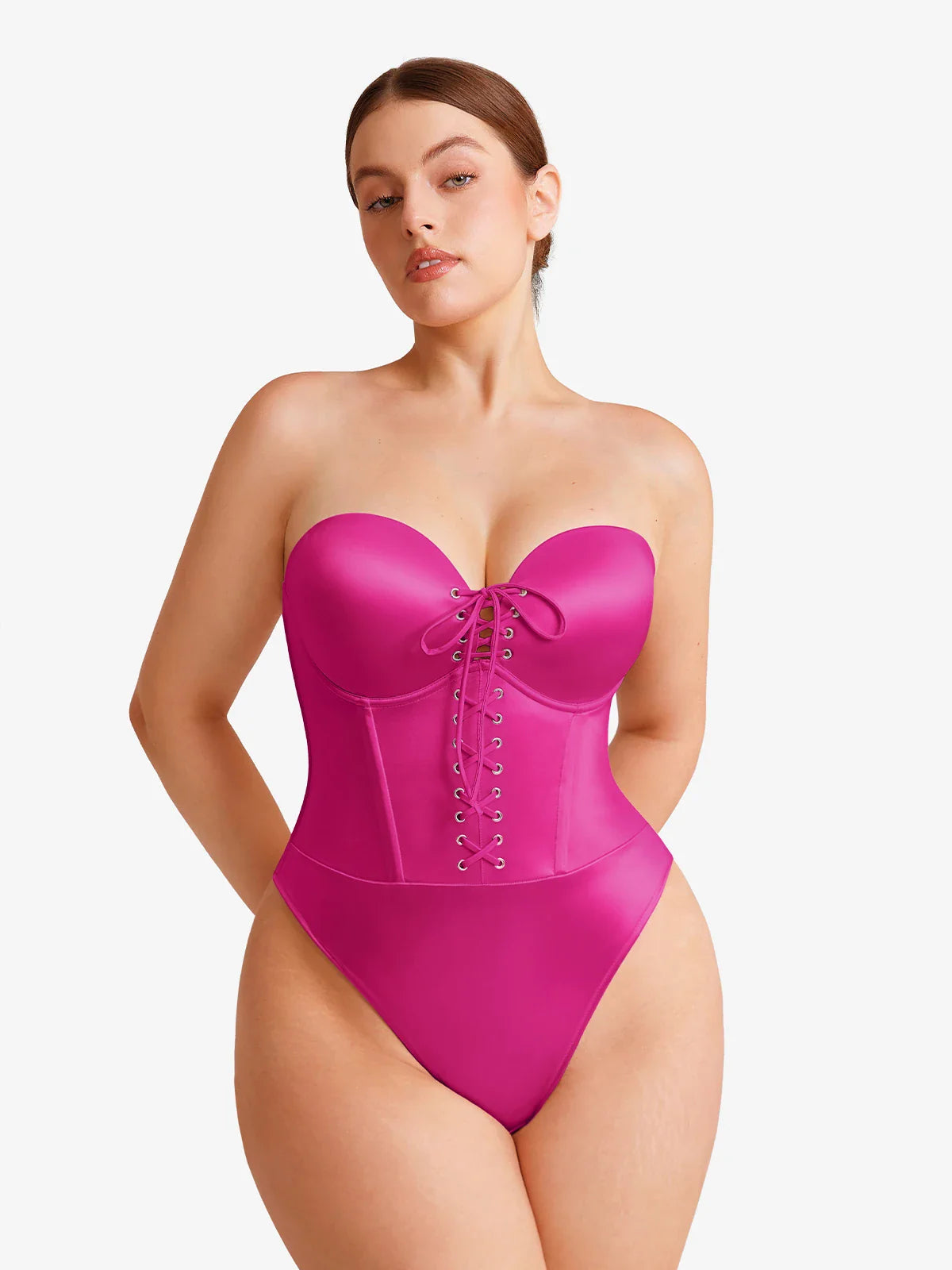 Popilush Shapewear Lace-Up Corset Bodysuit with Removable Straps