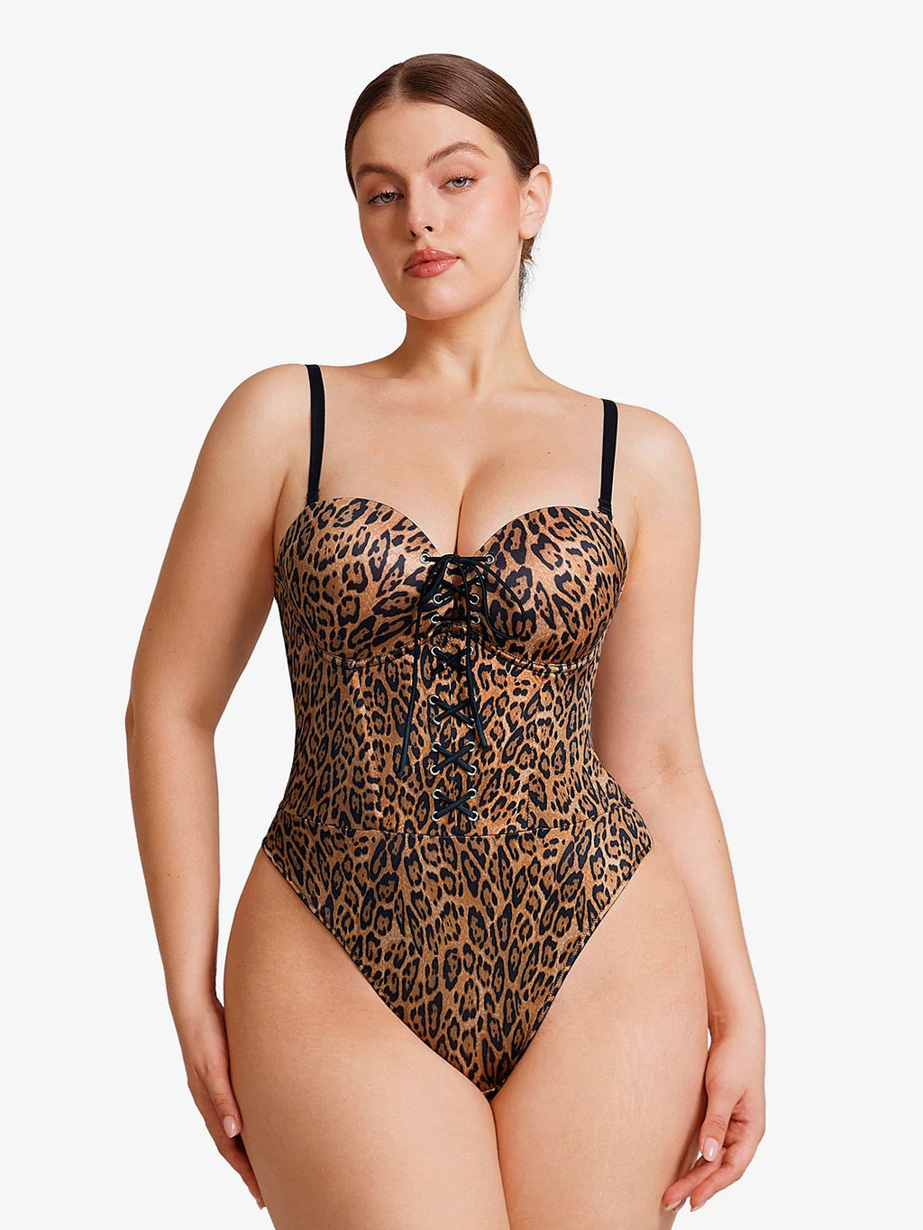 Popilush Shapewear Lace-Up Corset Bodysuit with Removable Straps