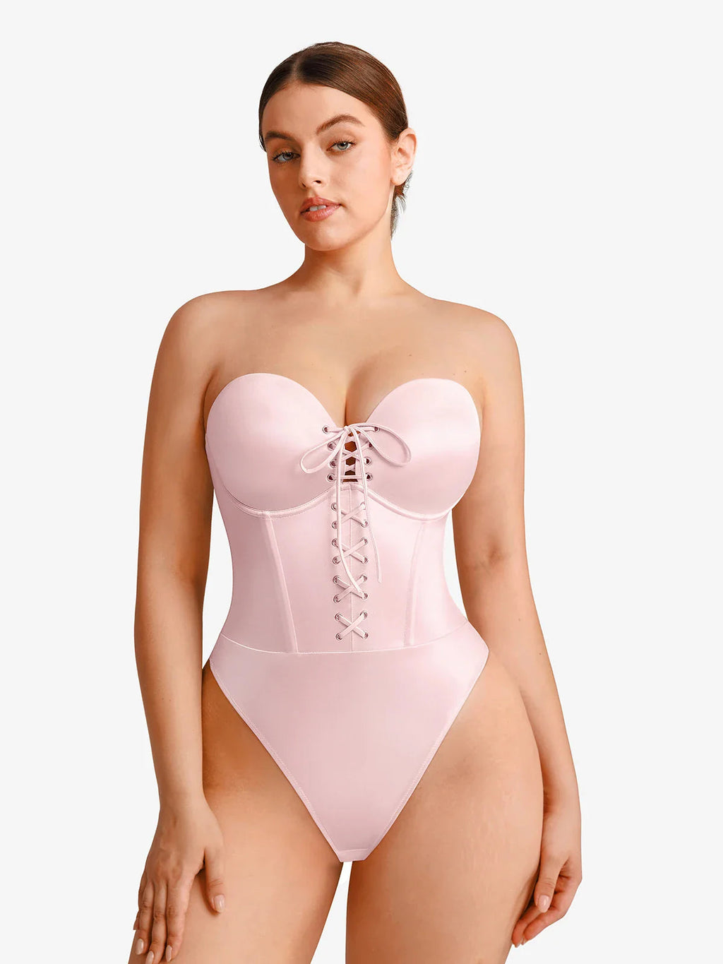 Popilush Shapewear Lace-Up Corset Bodysuit with Removable Straps