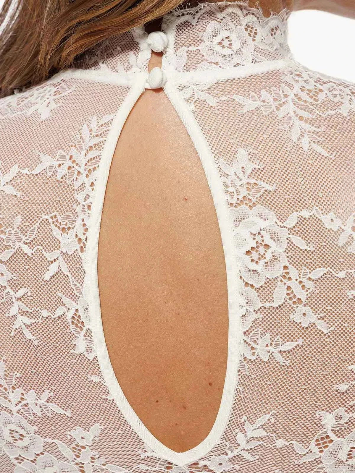 Popilush Shapewear Mock Neck Long Sleeve Floral Lace Bodysuit SpadezStore